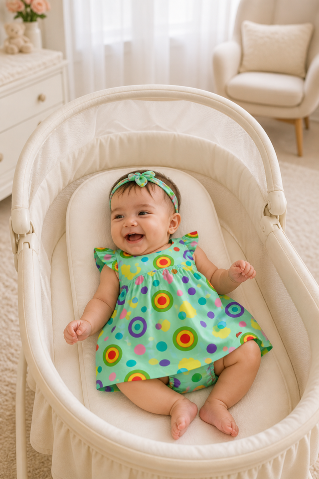 Baby wearing Anaario Mint Carnival mint base with multicolour circle print dress set, newborn to 24 months