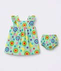 Baby wearing Anaario Mint Carnival mint base with multicolour circle print dress set, newborn to 24 months