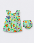 Baby wearing Anaario Mint Carnival mint base with multicolour circle print dress set, newborn to 24 months