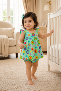 Baby wearing Anaario Mint Carnival mint base with multicolour circle print dress set, newborn to 24 months