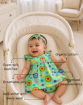 Baby wearing Anaario Mint Carnival mint base with multicolour circle print dress set, newborn to 24 months
