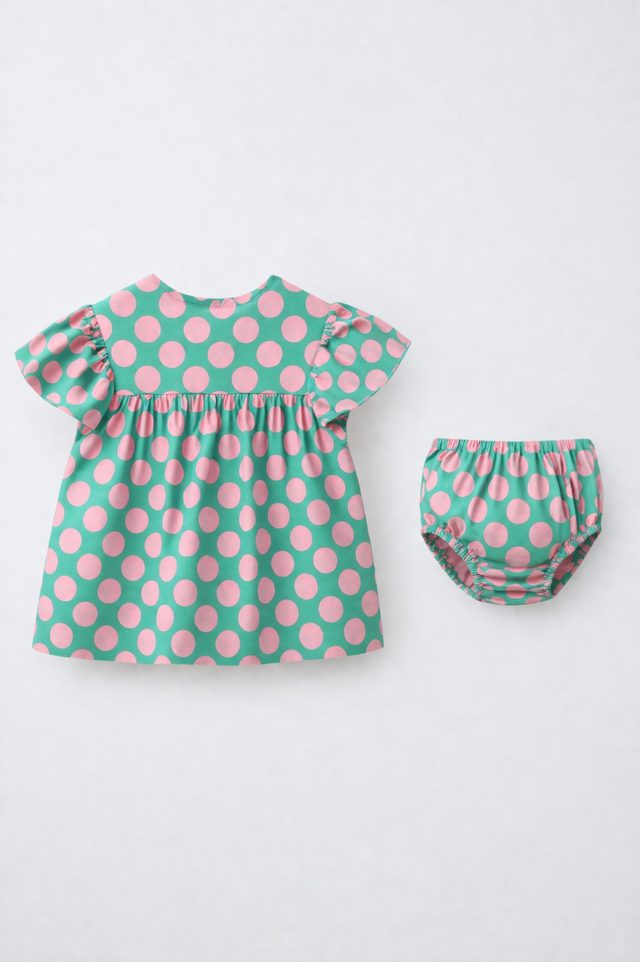 Baby wearing Anaario Mint Pink Dot Frill mint green with pink polka dots dress set, newborn to 24 months