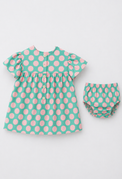 Baby wearing Anaario Mint Pink Dot Frill mint green with pink polka dots dress set, newborn to 24 months