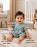Baby wearing Anaario Mint Pink Dot Frill mint green with pink polka dots dress set, newborn to 24 months