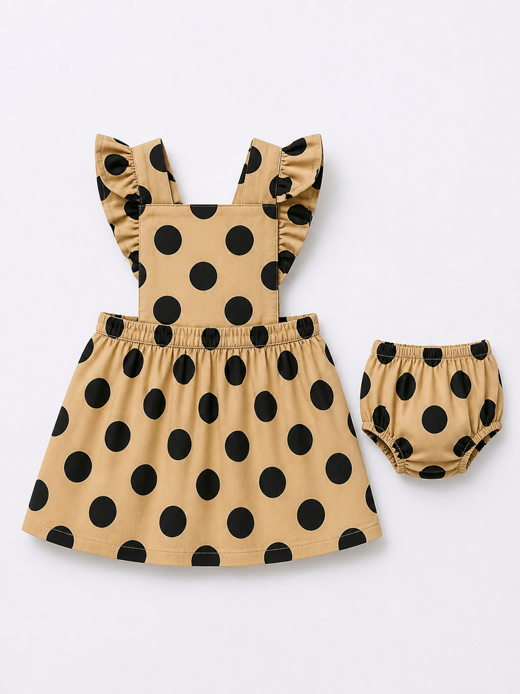 Baby wearing Anaario Mocha Dot Frill mocha base with black polka dots dress set, newborn to 24 months