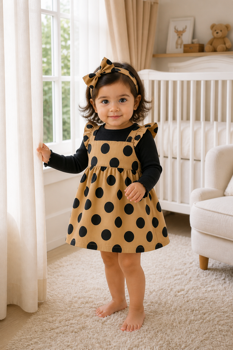 Baby wearing Anaario Mocha Dot Frill mocha base with black polka dots dress set, newborn to 24 months