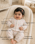 Baby wearing Anaario Multi-Coloured Garden organic mulmul cotton Blossom Breeze set, newborn to 24 months