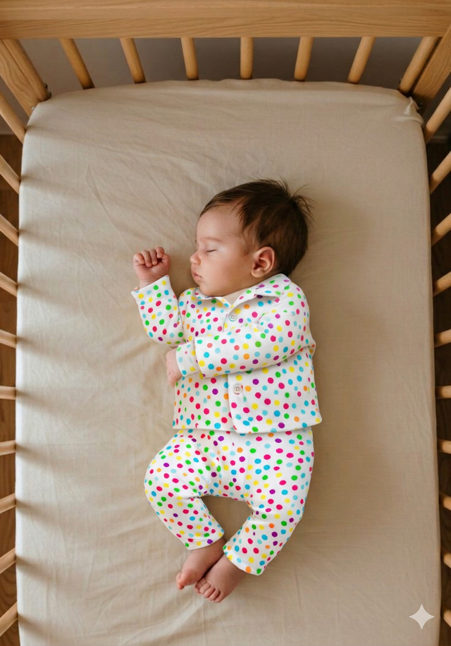Baby wearing Anaario Multicolor Polka Spots organic mulmul cotton Sakura set, newborn to 24 months