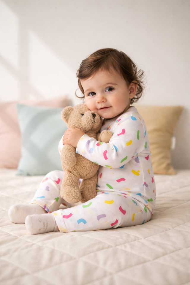 Baby wearing Anaario Multicolored Wriggly Beans organic mulmul cotton Gleeful Giggles set, newborn to 24 months