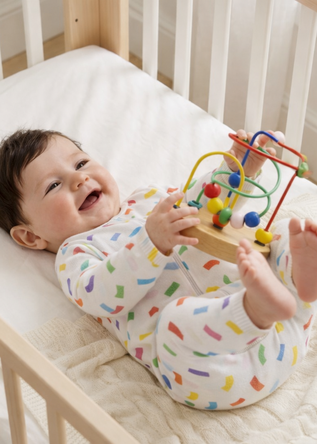 Baby wearing Anaario Multicolored Wriggly Beans organic mulmul cotton Gleeful Giggles set, newborn to 24 months