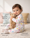 Baby wearing Anaario Multicolored Wriggly Beans organic mulmul cotton Gleeful Giggles set, newborn to 24 months