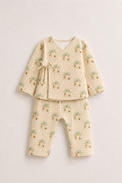 Baby wearing Anaario Mushroom Gingham Wrap organic mulmul cotton co-ord set, newborn to 24 months