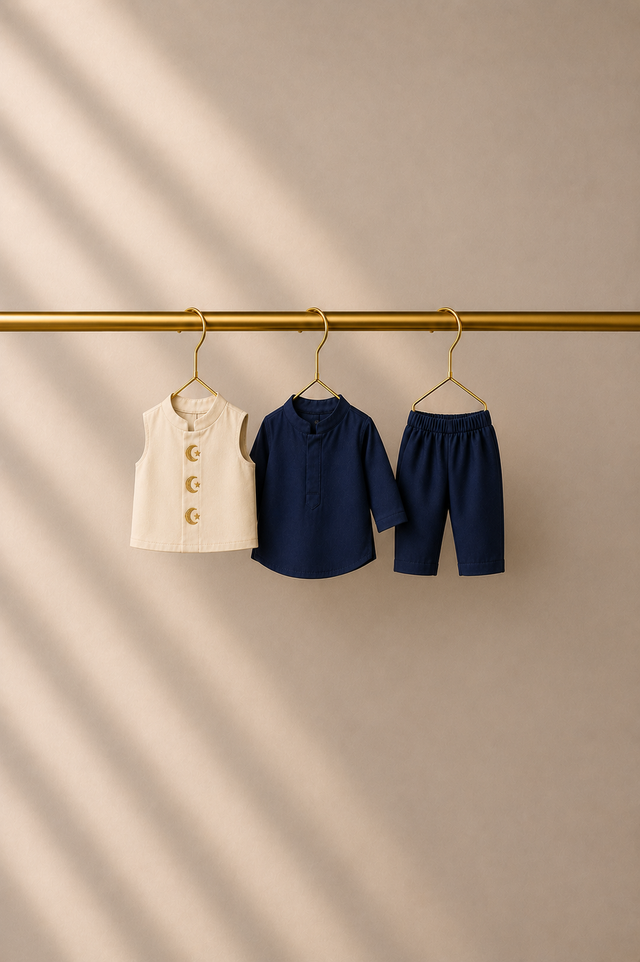 Baby wearing Anaario Navy Moon-Star Motif Jacket Kurta Set, navy kurta with ivory moon-and-star embroidered jacket, newborn to 24 months