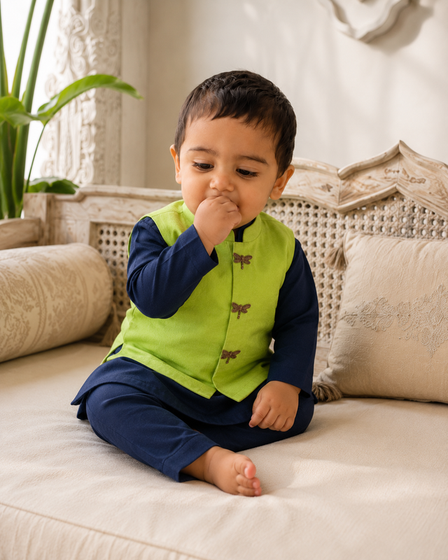 Baby wearing Anaario Navy Dragonfly Motif Jacket Kurta Set, navy kurta with lime green dragonfly-embroidered jacket, newborn to 24 months