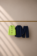 Baby wearing Anaario Navy Dragonfly Motif Jacket Kurta Set, navy kurta with lime green dragonfly-embroidered jacket, newborn to 24 months