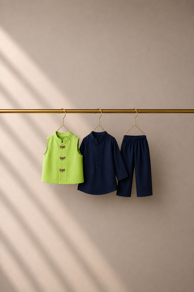 Baby wearing Anaario Navy Dragonfly Motif Jacket Kurta Set, navy kurta with lime green dragonfly-embroidered jacket, newborn to 24 months