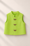 Baby wearing Anaario Navy Dragonfly Motif Jacket Kurta Set, navy kurta with lime green dragonfly-embroidered jacket, newborn to 24 months