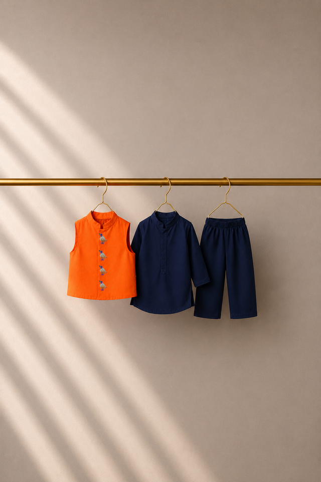 Baby wearing Anaario Navy Bird Motif Jacket Kurta Set, navy kurta with orange bird-embroidered jacket, newborn to 24 months