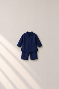 Baby wearing Anaario Navy Bird Motif Jacket Kurta Set, navy kurta with orange bird-embroidered jacket, newborn to 24 months
