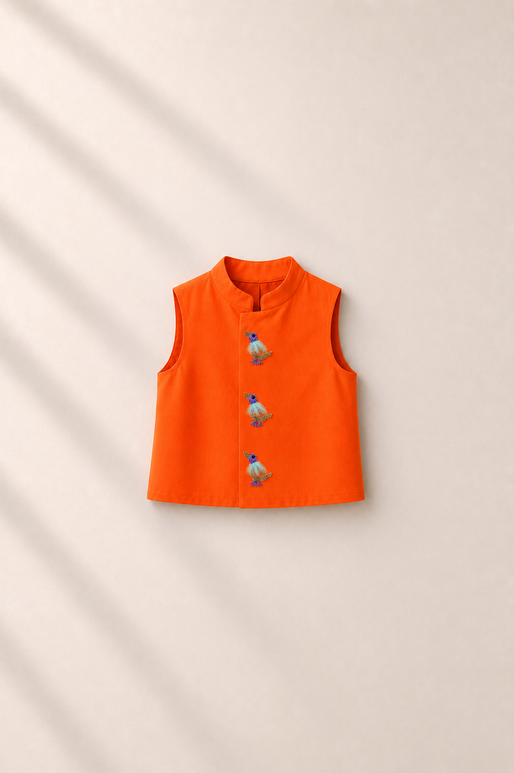 Baby wearing Anaario Navy Bird Motif Jacket Kurta Set, navy kurta with orange bird-embroidered jacket, newborn to 24 months