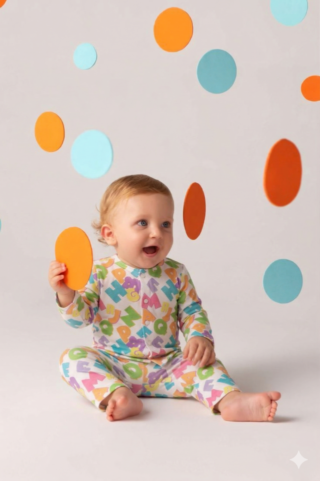 Baby wearing Anaario Neon Multicolor Alphabets organic mulmul cotton Sakura set, newborn to 24 months