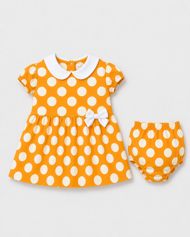 Baby wearing Anaario Orange Polka Bow orange with white polka dots dress set, newborn to 24 months