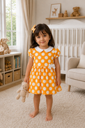 Baby wearing Anaario Orange Polka Bow orange with white polka dots dress set, newborn to 24 months