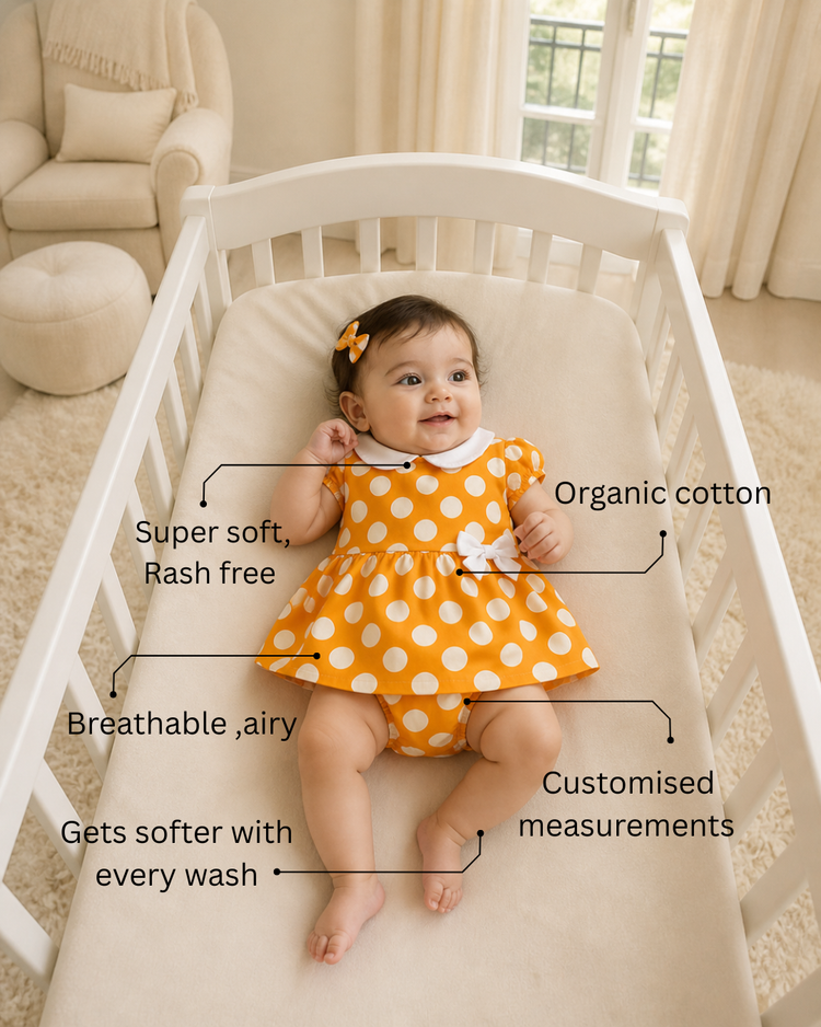 Baby wearing Anaario Orange Polka Bow orange with white polka dots dress set, newborn to 24 months