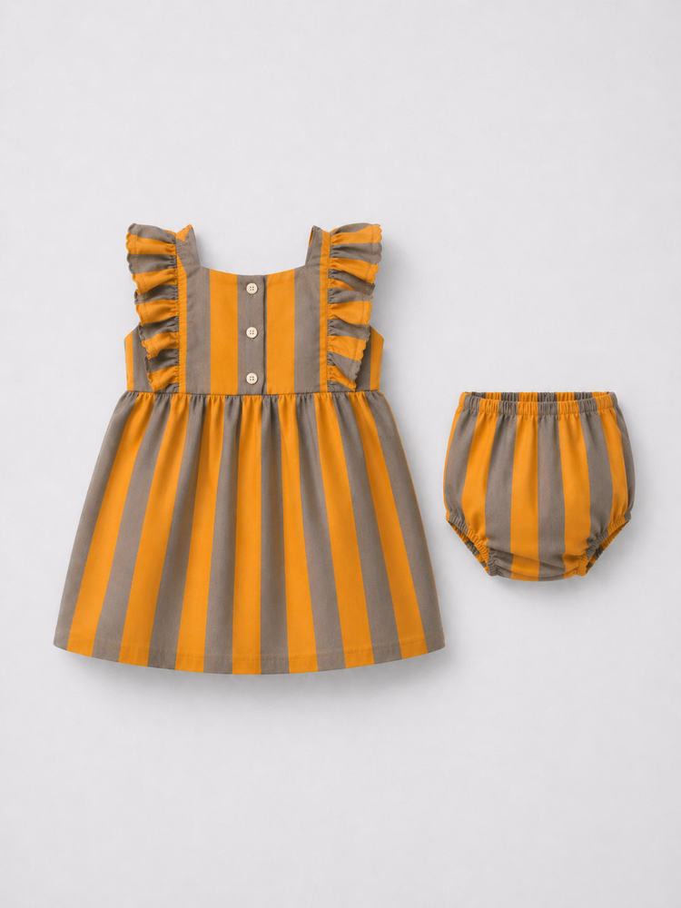 Baby wearing Anaario Orange Taupe Stripe Frill orange and taupe vertical stripes dress set, newborn to 24 months