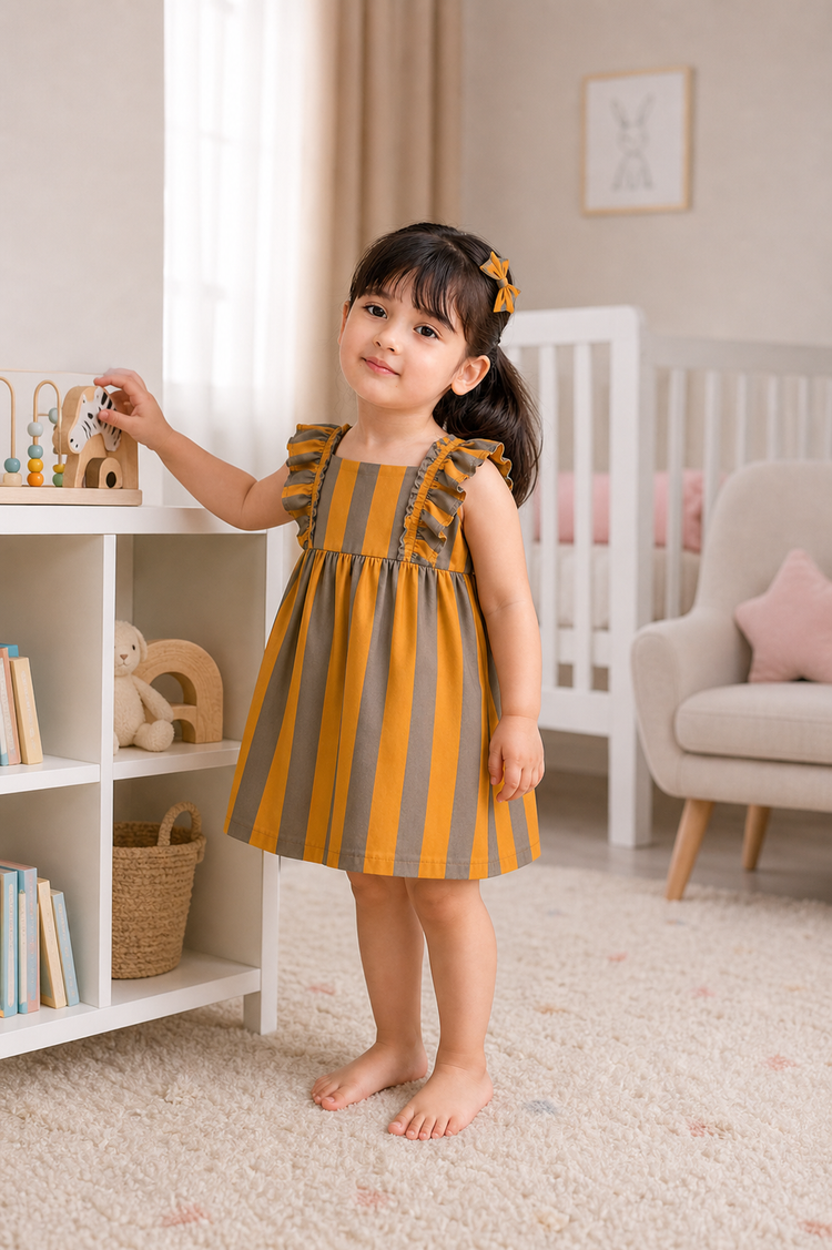 Baby wearing Anaario Orange Taupe Stripe Frill orange and taupe vertical stripes dress set, newborn to 24 months
