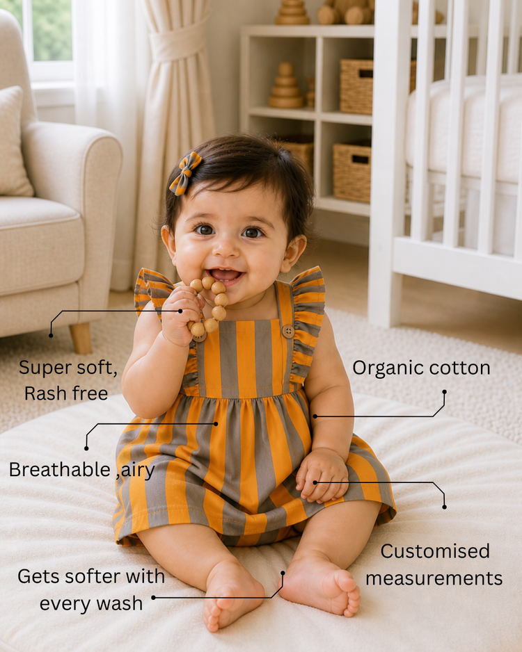 Baby wearing Anaario Orange Taupe Stripe Frill orange and taupe vertical stripes dress set, newborn to 24 months