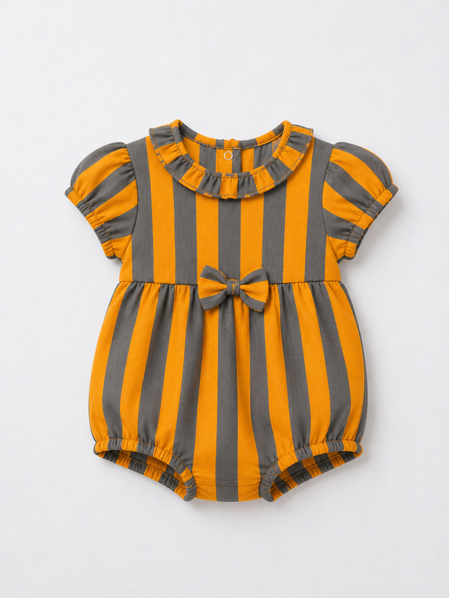 Baby wearing Anaario Orange Taupe Stripe Puff Sleeve bubble romper, newborn to 24 months