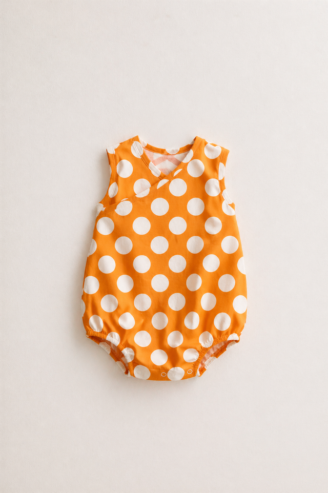 Baby wearing Anaario Orange White Polka Dot Sleeveless wrap-style romper, newborn to 24 months