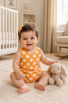 Orange White Polka Dot Sleeveless Romper