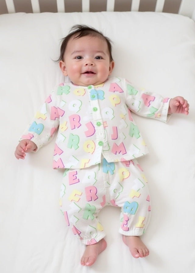 Baby wearing Anaario Pastel Multicolor Alphabets organic mulmul cotton Sakura set, newborn to 24 months