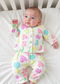 Baby wearing Anaario Pastel Multicolor Alphabets organic mulmul cotton Sakura set, newborn to 24 months