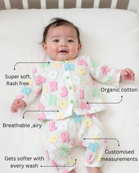 Baby wearing Anaario Pastel Multicolor Alphabets organic mulmul cotton Sakura set, newborn to 24 months