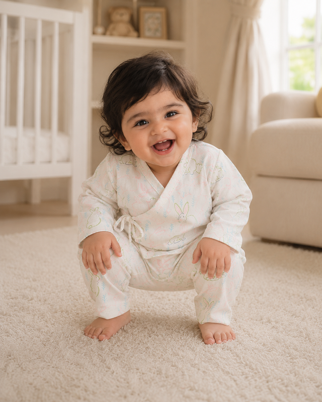 Baby wearing Anaario Bunny Print Wrap soft bunny prints co-ord set, newborn to 24 months
