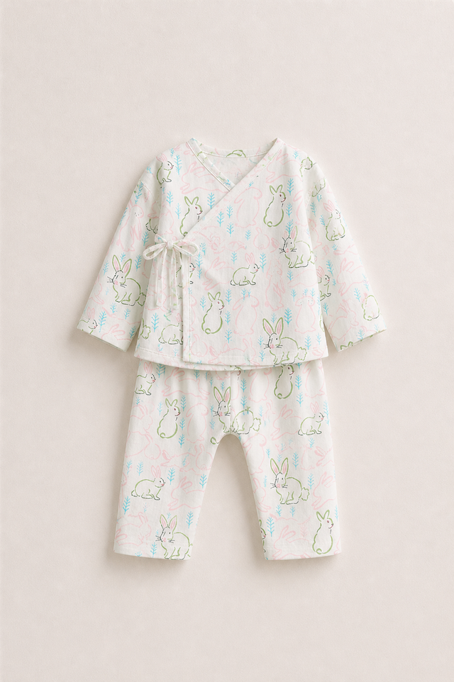 Baby wearing Anaario Bunny Print Wrap soft bunny prints co-ord set, newborn to 24 months