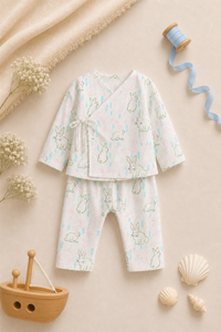 Baby wearing Anaario Bunny Print Wrap soft bunny prints co-ord set, newborn to 24 months