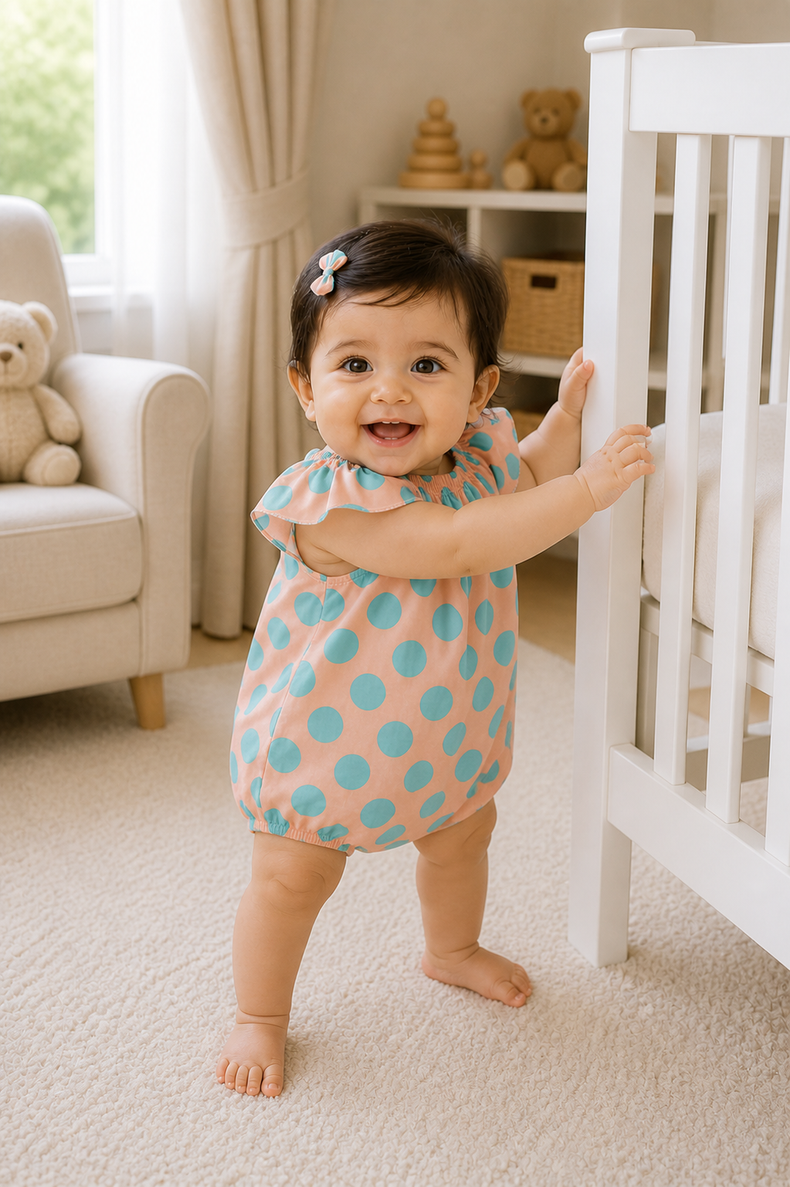Baby wearing Anaario Peach Aqua Polka Dot Flutter romper, newborn to 24 months