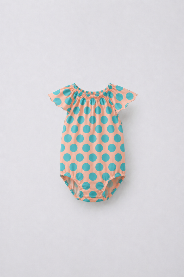 Baby wearing Anaario Peach Aqua Polka Dot Flutter romper, newborn to 24 months