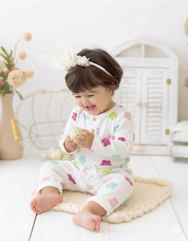 Baby wearing Anaario Pink Blossom organic mulmul cotton Gleeful Giggles set, newborn to 24 months