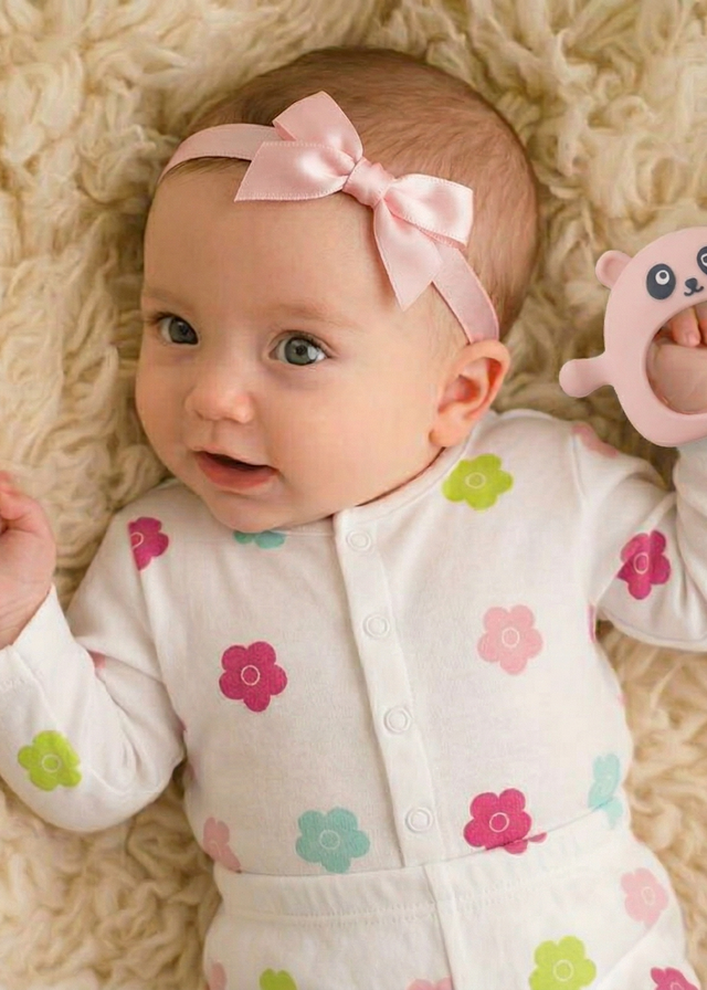 Baby wearing Anaario Pink Blossom organic mulmul cotton Gleeful Giggles set, newborn to 24 months
