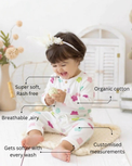 Baby wearing Anaario Pink Blossom organic mulmul cotton Gleeful Giggles set, newborn to 24 months