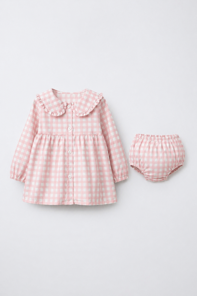 Baby wearing Anaario Pink Check Collar pink and white check long-sleeve dress set, newborn to 24 months