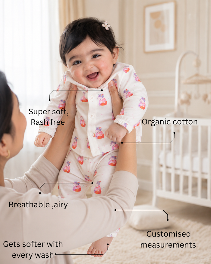 Baby wearing Anaario Pink Cow organic mulmul cotton set, newborn to 24 months