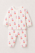 Baby wearing Anaario Pink Cow organic mulmul cotton set, newborn to 24 months