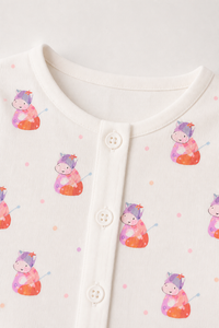 Baby wearing Anaario Pink Cow organic mulmul cotton set, newborn to 24 months