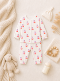 Baby wearing Anaario Pink Cow organic mulmul cotton set, newborn to 24 months
